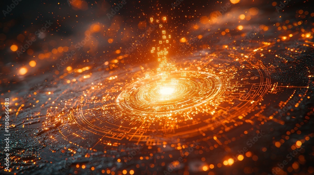 Poster radiant digital galaxy with glowing particles and vibrant light patterns in space background