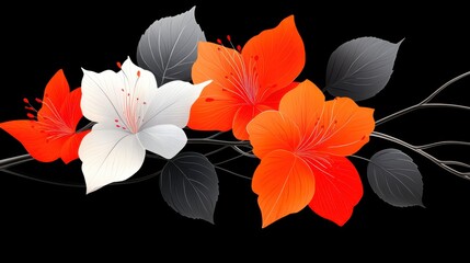 Vibrant digital illustration of orange and white hibiscus flowers intertwined with sleek dark leaves against a contrasting black background, creating a bold and artistic floral design