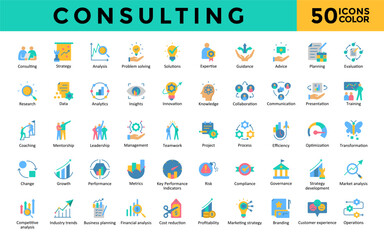 Consulting icons set with consulting, strategy, analysis, problem solving, solutions, expertise, guidance, advice, planning, evaluation icon. Simple flat color vector 
