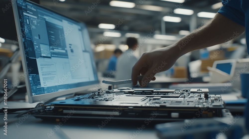 Aufkleber close-up of a hand assembling a circuit board in a factory.