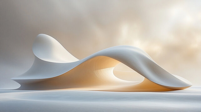 Abstract white sculptural form, smooth curves, minimalist design, light background.