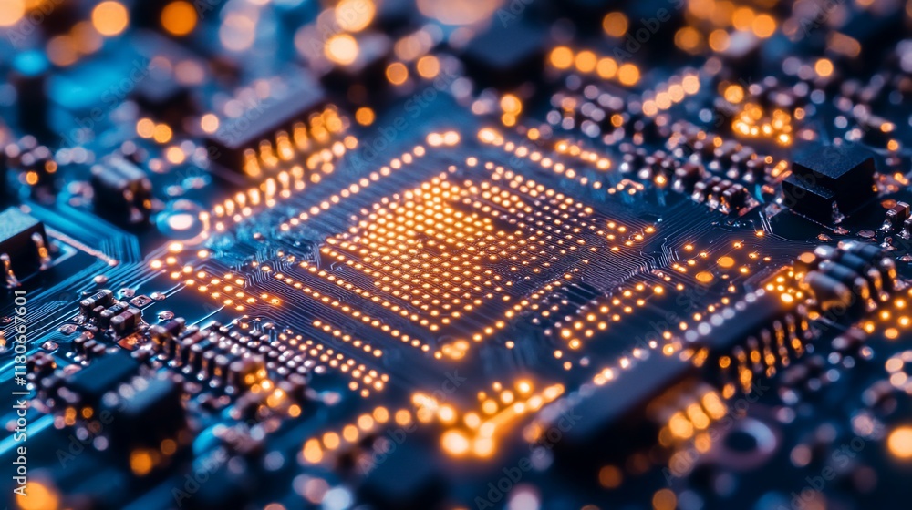 Poster close-up of illuminated circuit board with central processor.