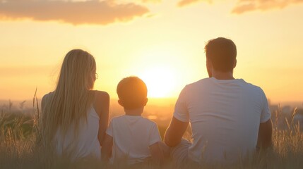 A family of three sits on the grass, watching the sun set