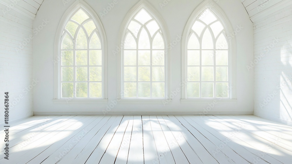 Poster sunlit empty room with three arched windows.