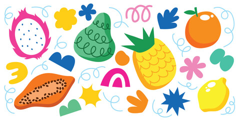 Hand drawn fruits and abstract shape element vector