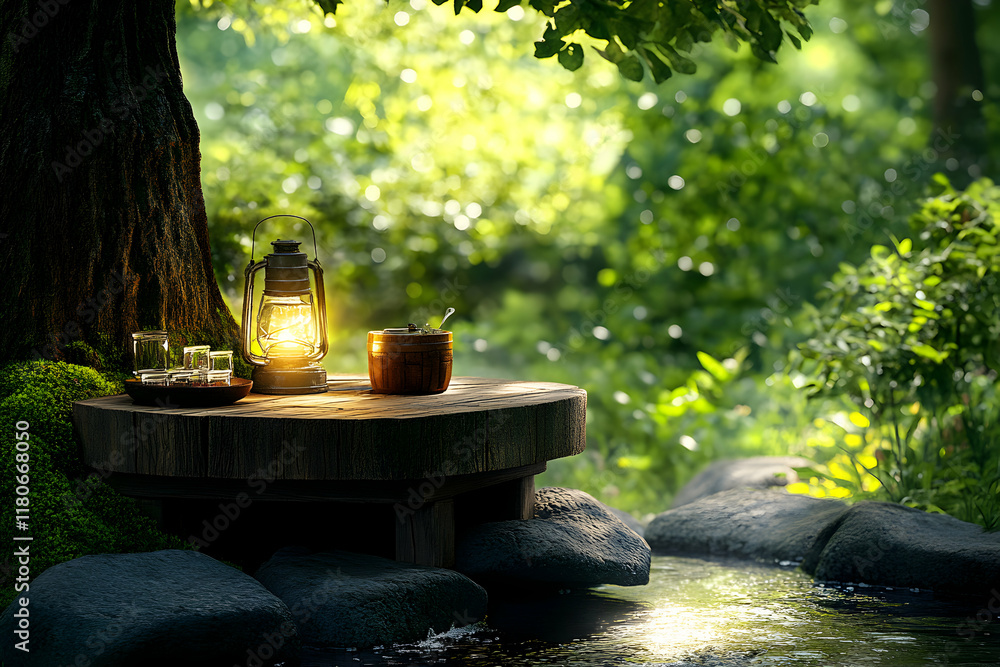 Poster serene forest scene lantern light illuminates a rustic wooden table by a stream, creating a tranquil