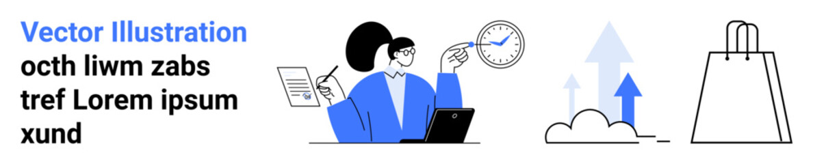Businesswoman analyzing data with clipboard and laptop, clock, up arrows, shopping bag. Ideal for business analysis, productivity, efficiency, growth ecommerce marketing deadlines. Landing page