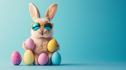 Cute Easter bunny with colorful eggs wearing sunglasses on a blue background
