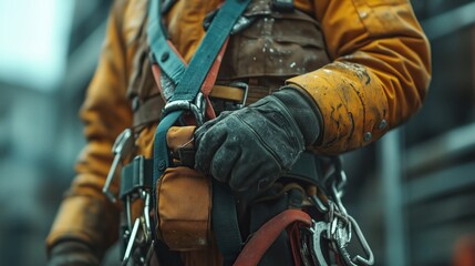  Industrial Worker with Safety Harness and Gear Close-Up