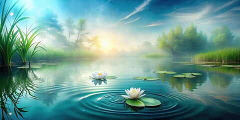 Serene sunrise over tranquil water, reflecting misty trees and two pristine white water lilies, creating a breathtaking and peaceful scene