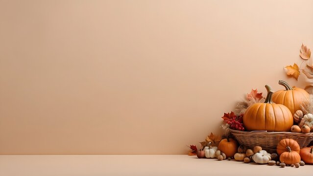 Autumn Thanksgiving holiday sale banner background with empty copy space Without Text, Thanksgiving theme minimalist beige web banner poster background, colorful fall leaves, pine with pumpkin