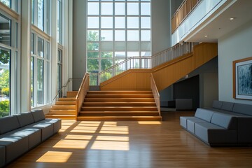 Obraz premium Sunlit modern building interior with wooden staircase and seating.