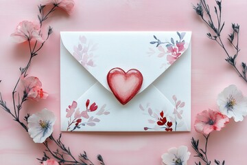 Hand-Painted Envelope with Heart Shape and Floral Design