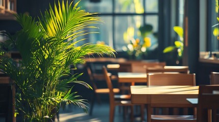 Sunlit cafe interior with wooden tables, chairs, and plants.