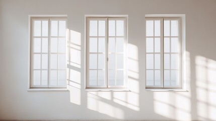 Fototapeta premium Three windows on a white wall with sunlight streaming through.