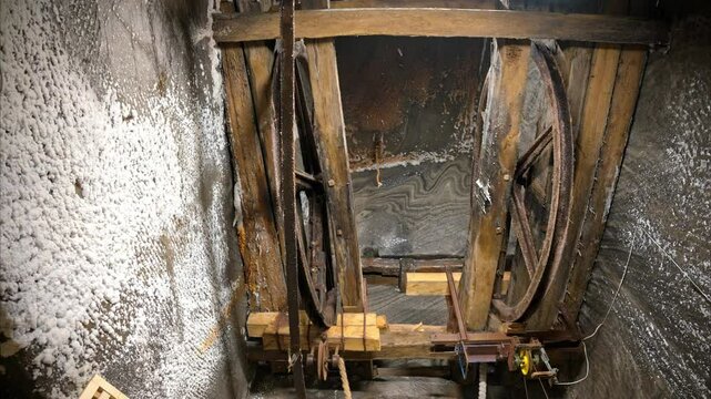 A historic wooden lift system and rusty machinery inside of the Turda Salt Mine in Romania