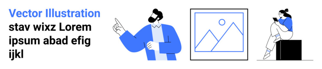 Man pointing at text, framed image of mountains, woman reading on a box. Ideal for educational materials, presentations, graphic design resources, infographics, blog content, website layout