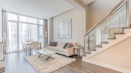 Modern, bright living room with beige sofa, glass staircase, and large windows.