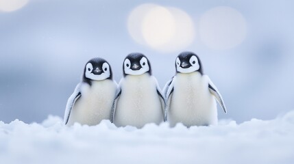Three adorable emperor penguin chicks standing together in the snow.
