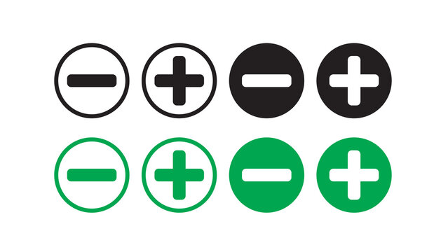 Plus and minus symbols, crucial for web design and user interfaces, are presented as circled icons in multiple colors, isolated on a white background.