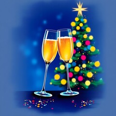 festive banner chiaroscuro lighting, two champagne glasses onHigh-resolution stock photo rich burgundy and deep blue festive banner.Tight close-up shot festive banner, two champagne glasses on dark