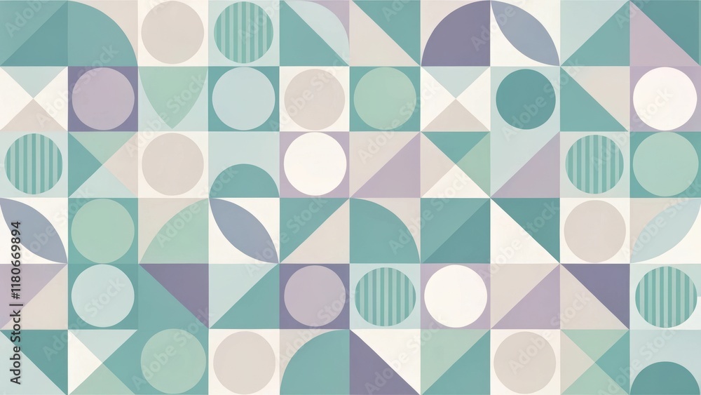 Wall mural abstract geometric design featuring circles, triangles, and semicircles in a repeating pattern of mu