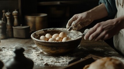 Fototapeta premium Hands dusting flour over eggs in a bowl.