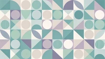 Abstract Geometric Design Featuring Circles, Triangles, and Semicircles in a Repeating Pattern of Muted Pastel Colors