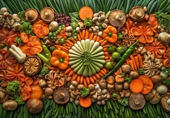 Vibrant and Colorful Arrangement of Fresh Vegetables and Fruits on a Green Background in Artistic Presentation for Healthy Eating Concepts