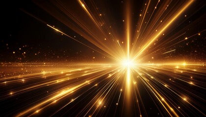 Naklejka premium Bright gold light effect with rays and highlights, glow particle, black background