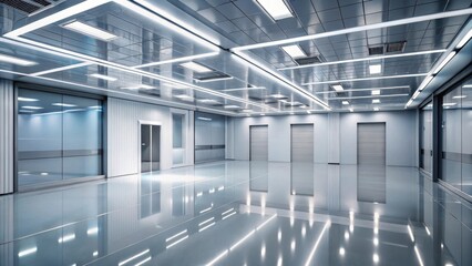 Modern, sleek, and spacious interior design of a pristine industrial building with high ceilings and reflective flooring