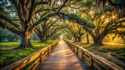 Long Exposure Photography: Wooden Boardwalk, Live Oak Trees, Southern Charm, Coastal Scenery, Nature Photography