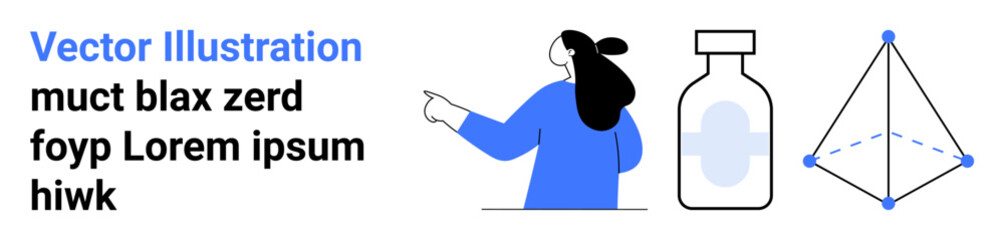 Woman pointing at text block, medical bottle, geometric shape. Ideal for healthcare education, medical websites, instructional design, product labels, scientific diagrams, educational materials