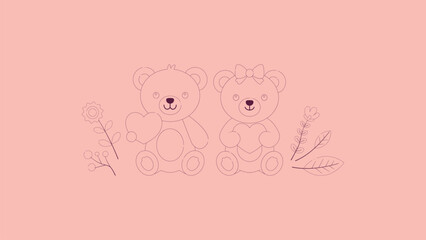 Cute Teddy Bear Couple Line Art Vector