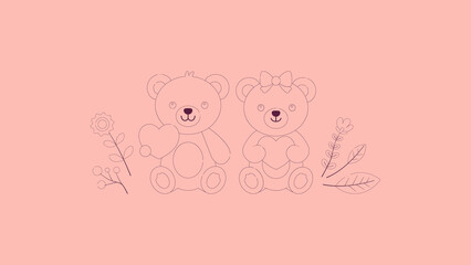 Cute Teddy Bear Couple Line Art Vector