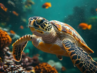 Obraz premium Serene Sea Turtle Gliding Through Vibrant Coral Reef Surrounded by Colorful Schools of Fish