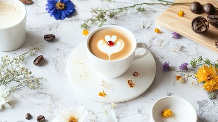 Exquisite Latte Art Coffee with a Cake and Delicate Flowers. Aesthetic and Appetizing Breakfast or Coffee Break Scene.