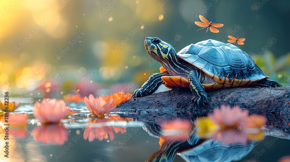 Poster wise turtle resting on log in calm pond with dragonflies overhead