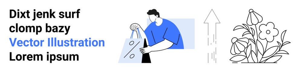 Man ironing a shirt, paired with blooming flowers and an upward arrow. Ideal for productivity, growth, domestic chores, efficiency, personal care, development and lifestyle enhancement. Landing page