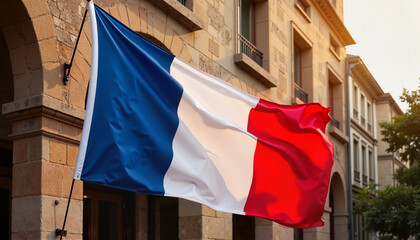 French flag waving in the breeze outside historic building for national identity and culture
