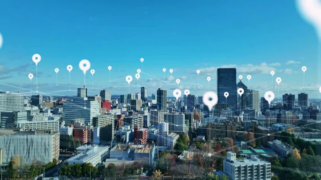 gps, location information, network, map, navigation, pinning, drone, aerial view, city, society, sns, pin, spot, tourism, travel, communication, internet, online, web, blue sky, region, area, icon, sy