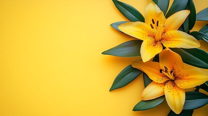 Obraz premium Two Yellow Lilies with Green Leaves on Yellow Background