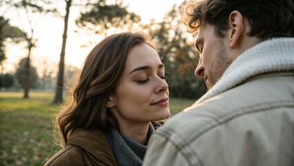 Fototapeta premium Amorous glance between a couple in a park at sunset, surrounded by nature for romantic ambiance