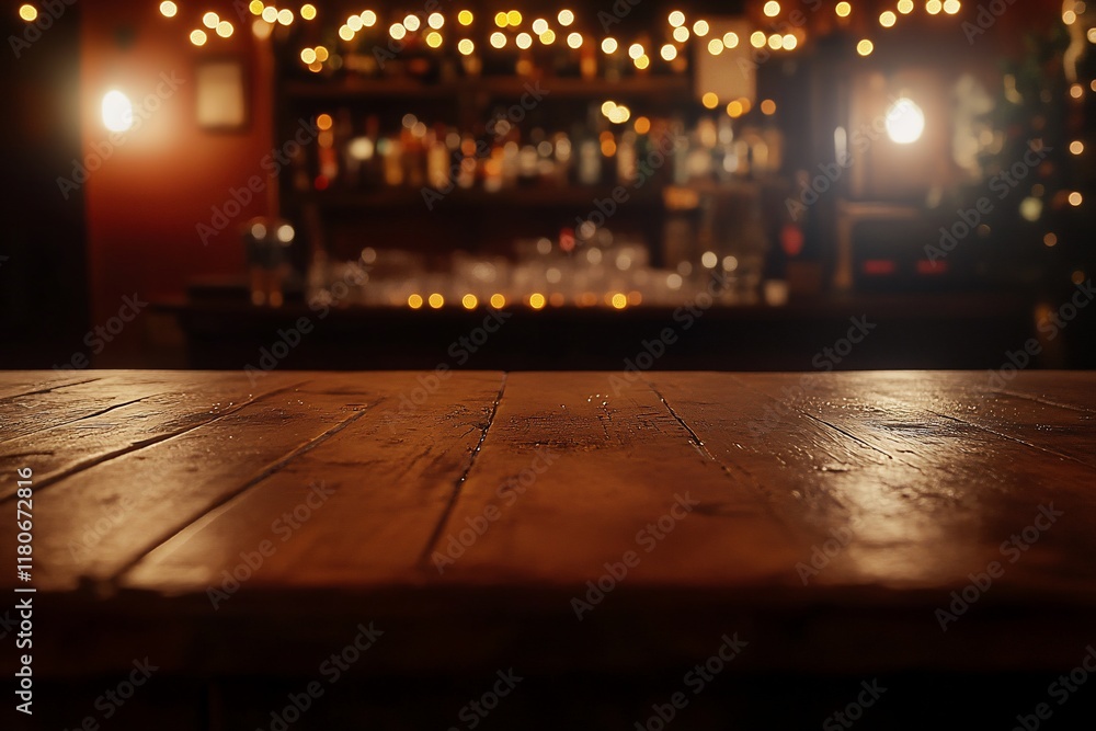 Poster rustic wooden table in a dimly lit bar with bokeh lights.