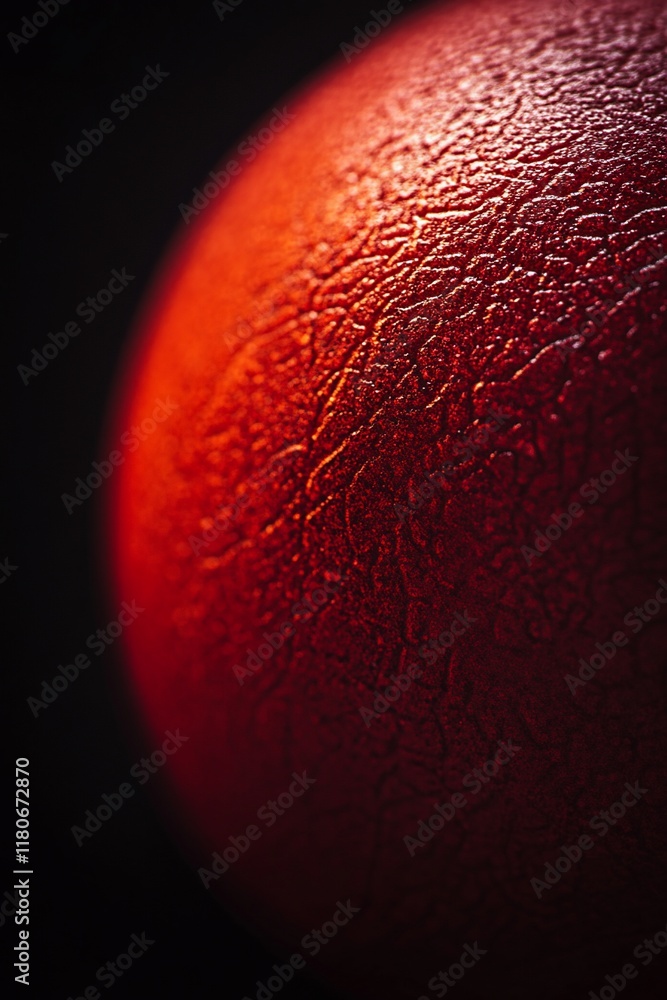 Poster close-up of a textured, red sphere, illuminated from the side, showing intricate surface details aga