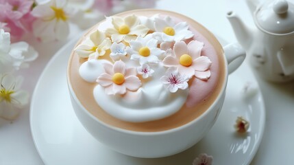 Exquisite Latte Art Coffee with a Cake and Delicate Flowers. Aesthetic and Appetizing Breakfast or Coffee Break Scene.