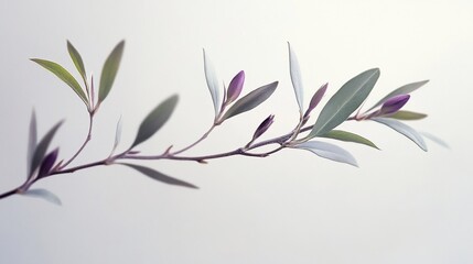 Delicate branch with green leaves and purple buds against a light background.