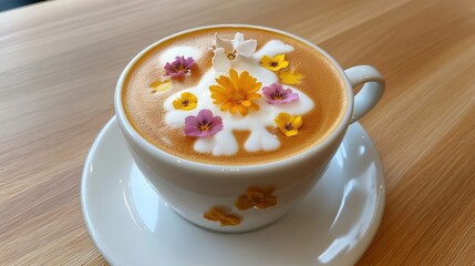 Exquisite Latte Art Coffee with a Cake and Delicate Flowers. Aesthetic and Appetizing Breakfast or Coffee Break Scene.