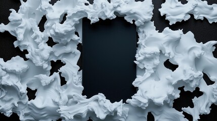 Abstract design with dynamic white smoke-like textures framing a black center, space for copy text
