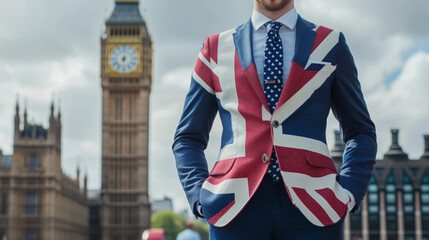 Naklejka premium London Calling: A stylish man in a Union Jack suit stands proudly before Big Ben, embodying British style and national pride. 